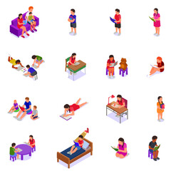 Poster - Children Reading Learning Drawing Isometric Icon Set