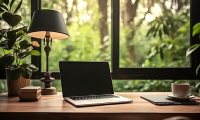 Canvas Print - Streamlined workspace. Modern office aesthetics. Digital domain. Sleek laptop desk design. Creative corner. Productive work environment. Morning light work