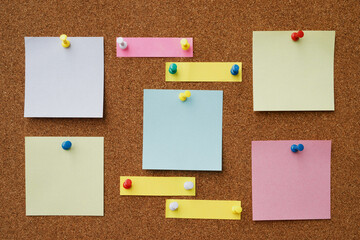 Wall Mural - collection of colorful variety post it. paper note reminder sticky notes pin paper blue  on cork bulletin board. empty space for text.