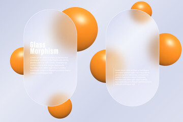 Aufkleber - Glass morphism landing page with two oval shapes made of clear glass. Vector illustration with blurred floating spheres in orange color.