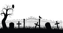 Halloween Graveyard Fence Silhouette With A Raven. Social Holiday Topic Flat Vector Art
