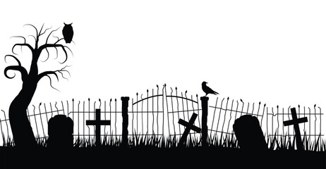 Halloween Graveyard Fence Silhouette with a Raven. Social holiday topic flat vector art