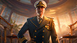 A seasoned captain aboard a luxurious cruise ship, extending a cordial welcome to passengers eager to start their voyage
