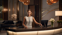 A Cheerful Woman Behind A Polished Reception Desk, Greeting Guests As They Enter A Luxurious Hotel Lobby Adorned With Elegant Decor