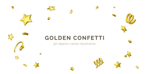 Wall Mural - golden confetti. festive background. 3d confetti template isolated on white background