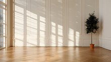 3d Render Of A Living Room With A Large Window, Sun Light And A Wooden Floor