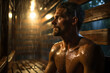 A person in a sauna after a workout, showcasing the benefits of heat therapy in recovery. Generative Ai.