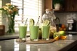 Fresh smoothie in glasses on a kitchen countertop. Generative AI