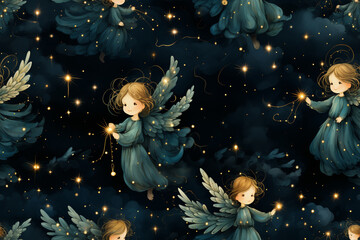 Wall Mural - Angels in a dance of joy amidst a starry backdrop, pattern with angels, seamless pattern texture