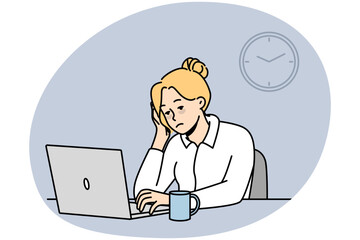Wall Mural - Exhausted female employee sit at office desk work on computer feel sleepy and overwhelmed. Tied woman worker feeling burnout at workplace. Fatigue. Vector illustration.
