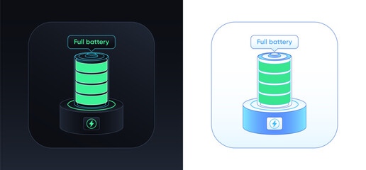 Wall Mural - Full battery. Abstract battery with high charge level indicator. Inductive electric station, charging platform with warning alert. Full charged accumulator, high energy level. Vector illustration