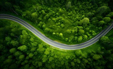 Wall Mural - Aerial view of a road in the middle of the green forest , road curve up to mountain. 