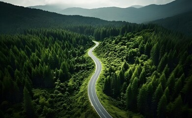 Wall Mural - Aerial view of a road in the middle of the green forest , road curve up to mountain. 