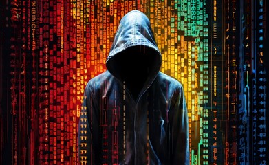 Wall Mural - Hooded hacker digital glitch matrix over matrix colorful background.