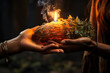 A person's hand gently holding a burning sage bundle, illustrating the cleansing ritual of smudging for energy purification. Generative Ai.