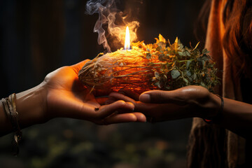 Wall Mural - a person's hand gently holding a burning sage bundle, illustrating the cleansing ritual of smudging 