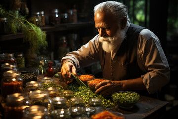 Poster - A practitioner of Ayurvedic medicine preparing herbal remedies, highlighting the personalized approach to holistic health. Generative Ai.