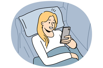 Wall Mural - Happy girl lying on couch using cellphone texting or messaging. Smiling young woman relax on sofa at home browse internet on smartphone. Vector illustration.