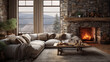 A cozy family room with a sectional sofa, a large area rug, and a stone fireplace