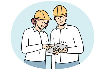 Wall Mural - Smiling engineers in helmets working together at building site. Happy architects team brainstorm cooperate at construction place. Vector illustration.