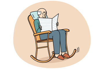 Wall Mural - Elderly man sit in rocking chair reading newspaper. Old grey-haired grandfather relax in armchair enjoy press. Happy calm maturity. Vector illustration.