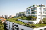 Fototapeta Londyn - Green nature-friendly building in the city background photo
