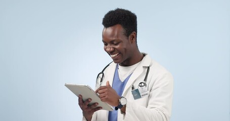 Canvas Print - Happy black man, doctor and tablet in research, social media or communication against a studio background. African male person, medical or healthcare surgeon smile working with technology on mockup