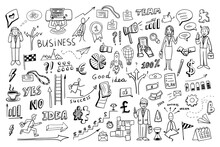 Big Set Of  Business Elements In Doodle Style. Hand Drawn Vector Illustration EPS10. Great For Banner, Posters, Cards, Stickers And Professional Design.