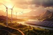 A scenic view of solar panels and windmills, promoting green energy. Generative AI