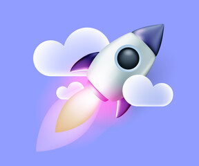 Wall Mural - Vector cartoon illustration of flying metallic space ship with flame on blue color background with cloud. 3d style design of business startup symbol