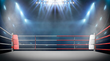 Boxing Ring With Illumination By Spotlights. 
