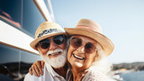 Fototapeta  - Beautiful retired senior couple enjoying cruise vacation. Senior man and woman having fun on a cruise ship. Old man and old lady travelling by sea.