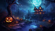 halloween background with pumpkin witch house 2023