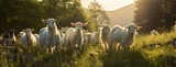 Fototapeta  - a herd of white goats grazing peacefully in a lush green meadow under the open sky. The gentle, natural light highlights their pristine white coats against the vibrant backdrop of the meadow.