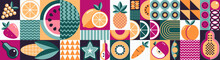 Bauhaus Pattern With Tropical Fruits. Geometric Food Pattern Of Papaya, Watermelon, Melon, Apple, Pear, Peach And Avocado. Pineapple, Citrus, Orange With Lemon, Carambol, Carrots And Corn