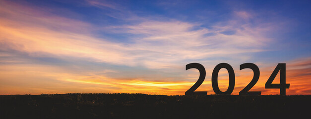 Wall Mural - New year 2024 with sunset sky background