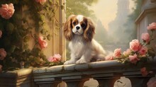An Image Of A Victorian-era Garden, Where A Cavalier King Charles Spaniel Enjoys The Scent Of Blooming Roses, Embodying Timeless Charm