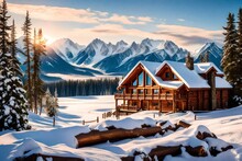 Winter Landscape In The Mountains, A Stunning Vista Unfolds Before Your Eyes, A Majestic Mountain Range Stretching As Far As The Eye Can See