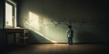 Dramatic Scene Of A Child, Facing The Corner In A Room With De-saturated, Cold Tones.