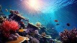 Fototapeta Do akwarium - Vibrant Coral Reef Photography - Enchanting Underwater Scene with Colorful Fish, Intricate Coral Formations, and Rays of Sunlight - generative AI