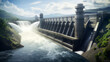 A hydroelectric power station at full capacity, generating clean electricity from water flow 