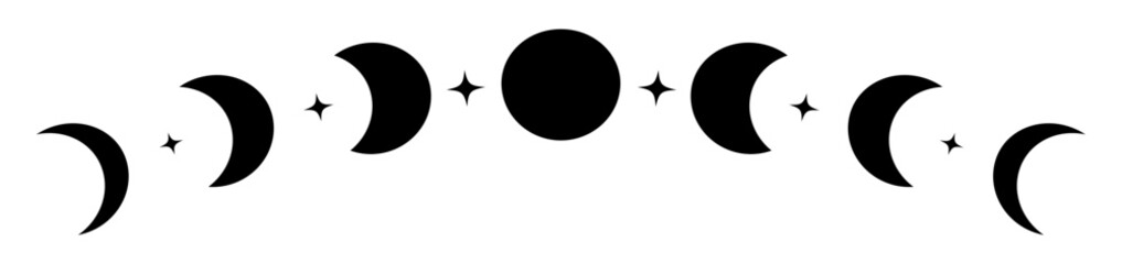 Silhouette moon phases black curve lunar eclipse with star decoration