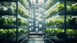 A hydroponic vertical farm, growing crops in stacked shelves using nutrient-rich water
