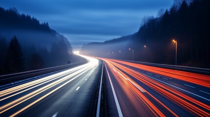 Wall Mural - Long-exposure night photograph of multi-lane highway traffic