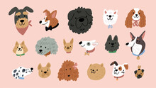 Cute Dogs Faces Illustration In Cartoon Style. Funny Puppies Head Portraits Of Different Doggy Breeds. Happy Dog Pets Face Avatars. Flat Graphic Vector 