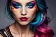 A surreal close-up of a vibrant and artistic eye makeup look, with intricate details and vivid colors