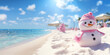 Pink funny snowman in pink hat on white sandy beach with pink Christmas trees by ocean. Picturesque island, palm trees, blue sky and horizon. Happy New Year and merry Christmas