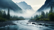 fog over the mountains and river