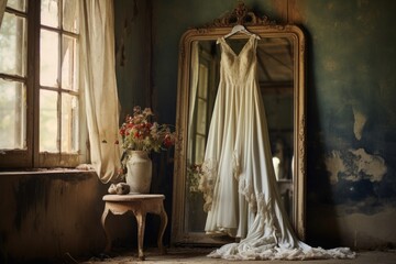 Wall Mural - wedding dress on hanger reflected in a vintage mirror