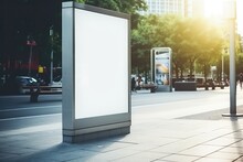 Vertical Blank Billboard At City Bus Stop, Sunny Summer Day Mockup . Сoncept Bus Stop Advertising, Outdoor Advertising, Summer Promotion, Mockup Design